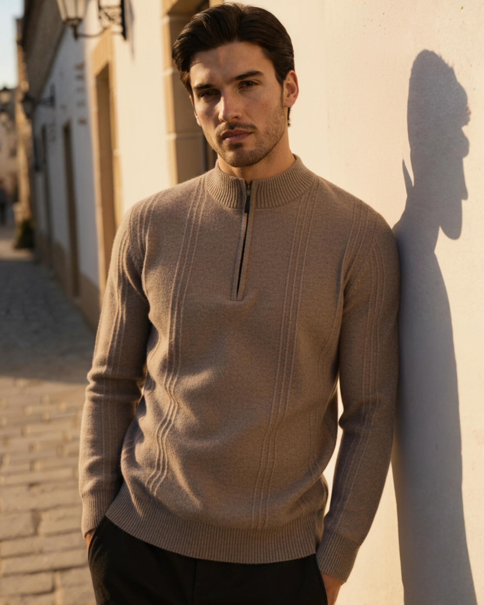 Maglia mezza zip a coste in 100% cashmere